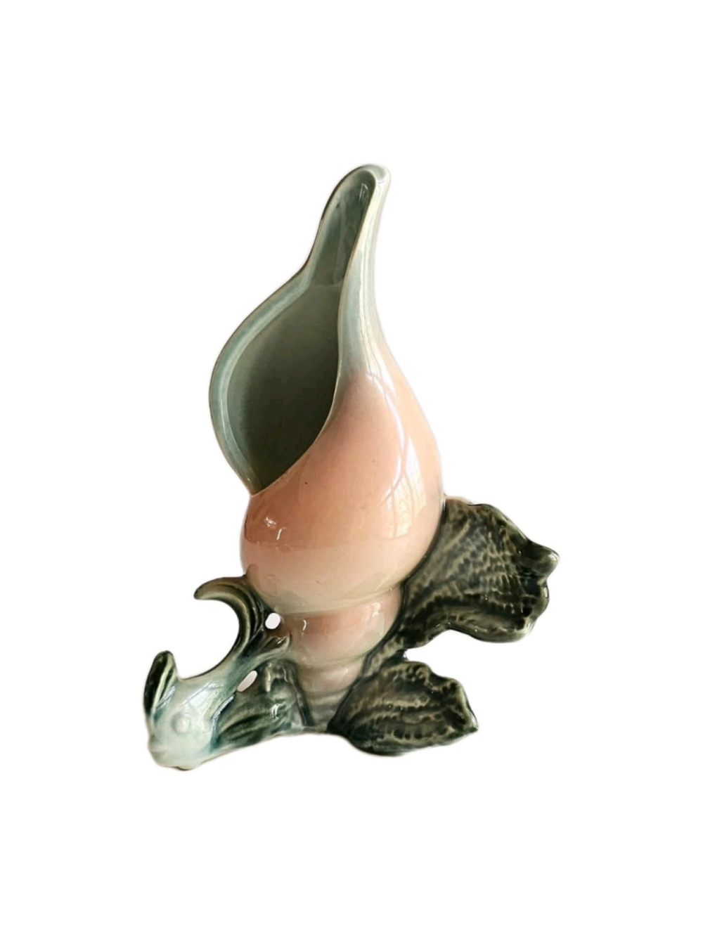 Mid-Century Modern Hull Pottery Ebb Tide Conch Shell Bud Vase - Peach & Green 7"